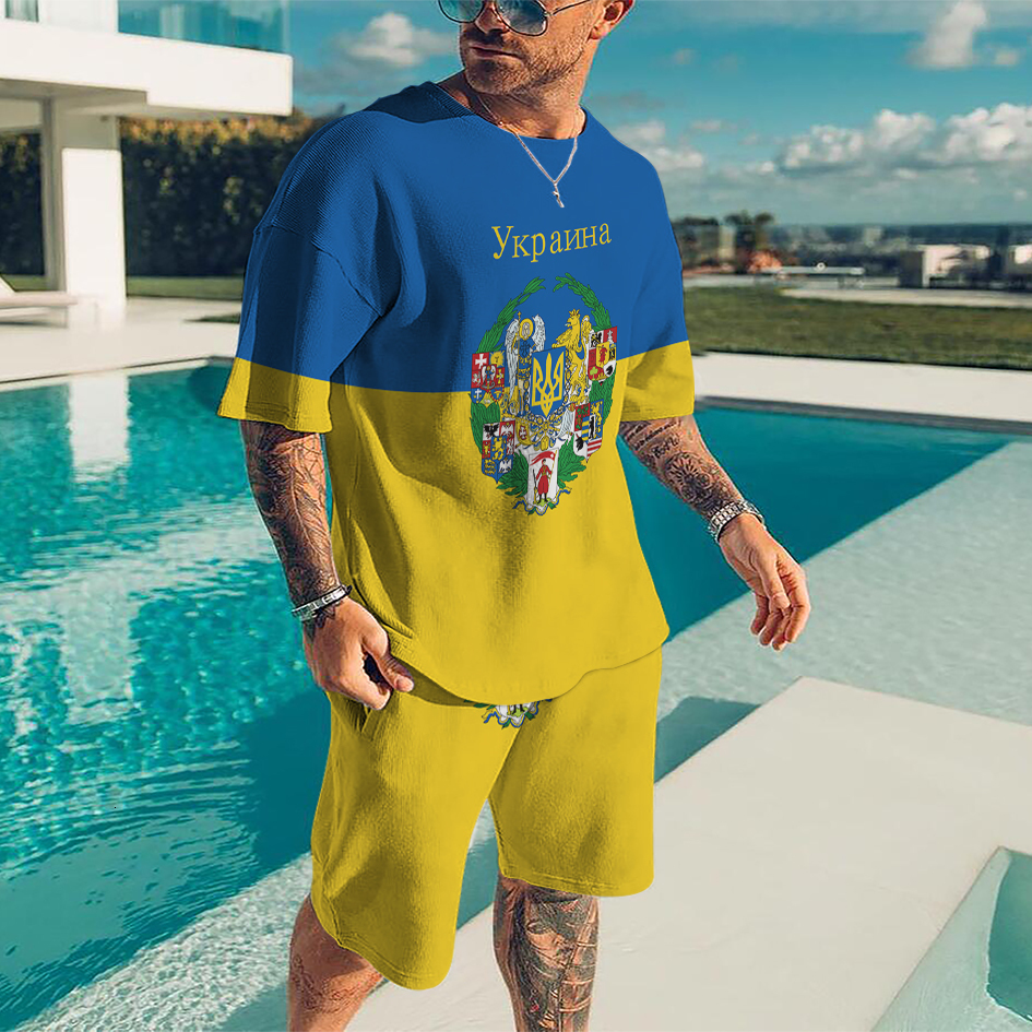 Men's Tracksuits Summer Ukraine National Emblem 2 Piece Sets Tracksuit Men's Oversized Clothes Beach Style 3D Printed Men Suit Tshirt Shorts