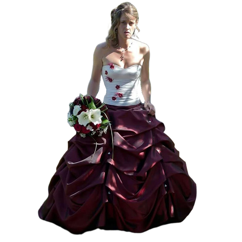 Vintage Ruched A Line Wedding Dresses White And Burgundy Satin Long Bridal Gowns Strapless Sleeveless Garden Bride Formal Wear