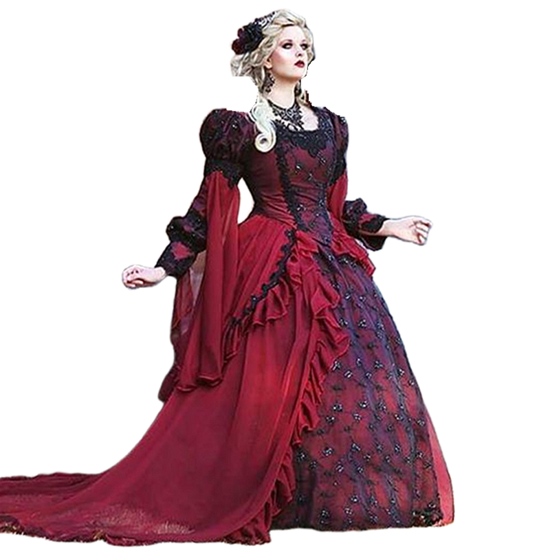 Vintage Gothic Victorian Wedding Dresses Long Sleeve Medieval Steampunk Burgundy And Black Bridal Gowns Lace Appliques Chiffion Women Wear 2023