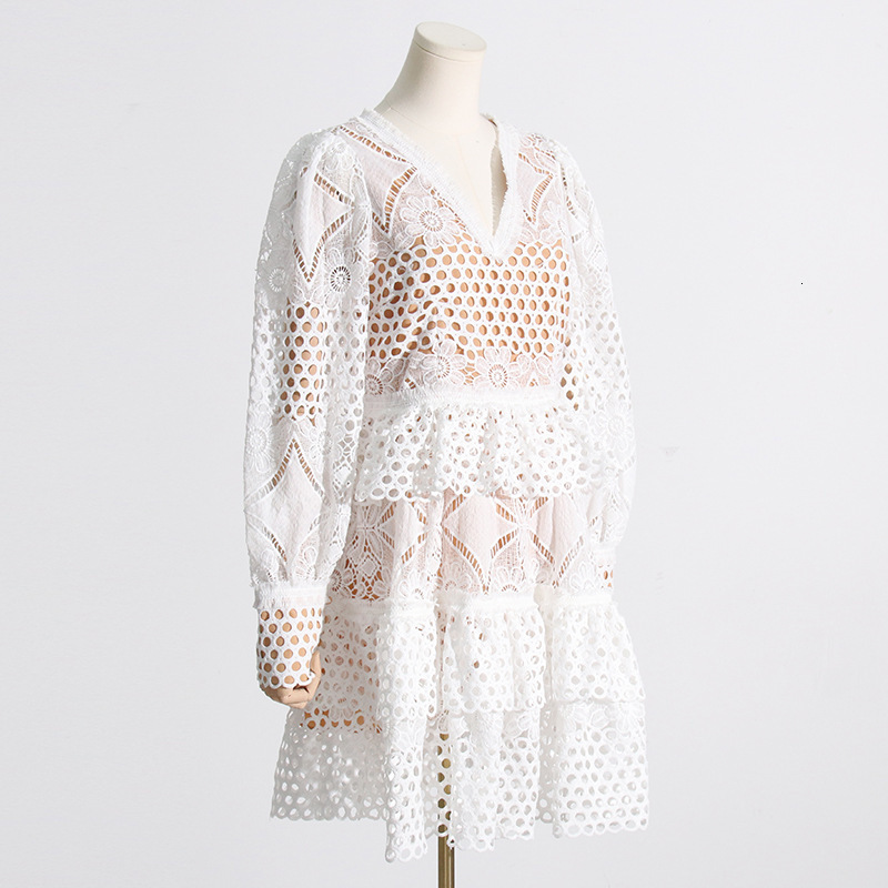 Urban Sexy Dresses Fashion Casual Hollow Out Mini Dress Women V Neck Lantern Sleeve Jacquard Dress Summer Embroidered White Ruffles Party Dress 230707