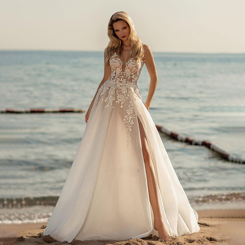 Sexy V Neck Beach A Line Wedding Dresses Lace Appliques Backless Bridal Gown with Slit Backless Shiny Skirt robe de mariee