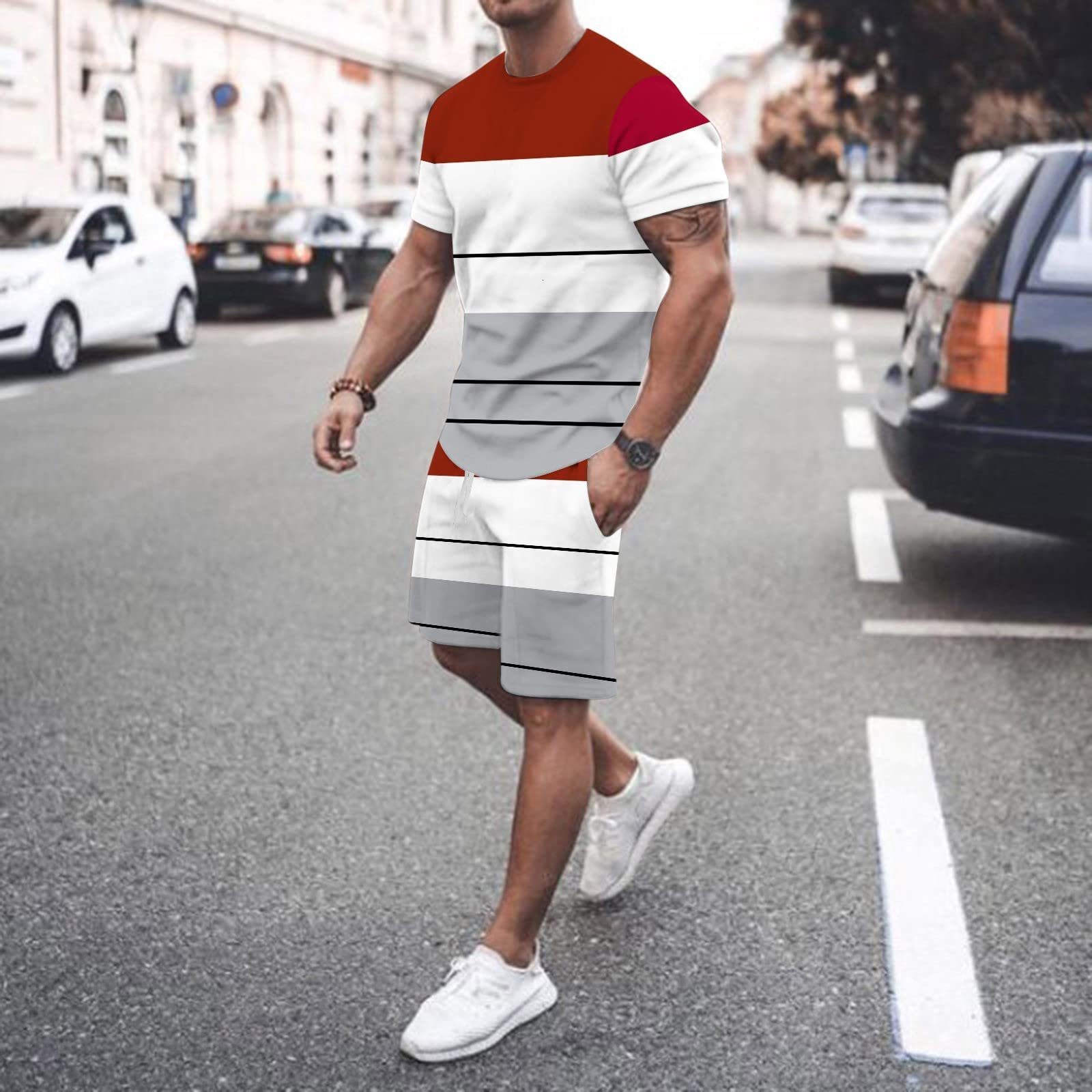 Mens Tracksuits Summer Oneck sportswear fashion simple suit in stripes 3d Tshirt printed mens Casual Street menswear 230707