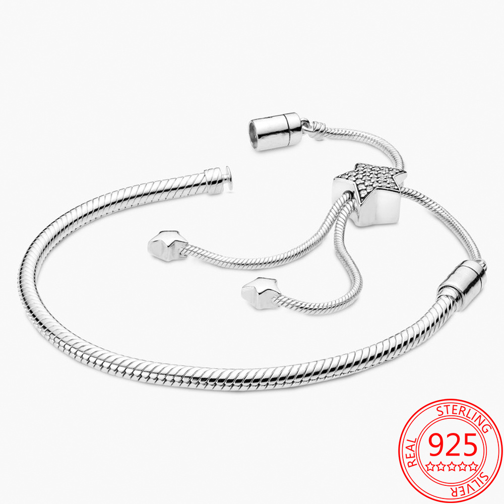 925 Silver Glitter Star and Heart Sliding Buckle Bracelet DIY Women's Bracelet Gift Production Free Delivery