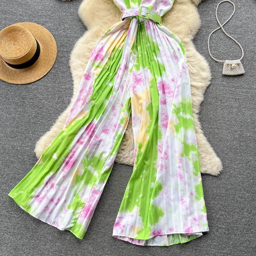 Summer Vintage Women's Two Piece Pants Jumpsuits Elegant Notched Collar Short Sleeve Wide Leg Romper Female Beige/Green/Red Jumpsuits With Sashes