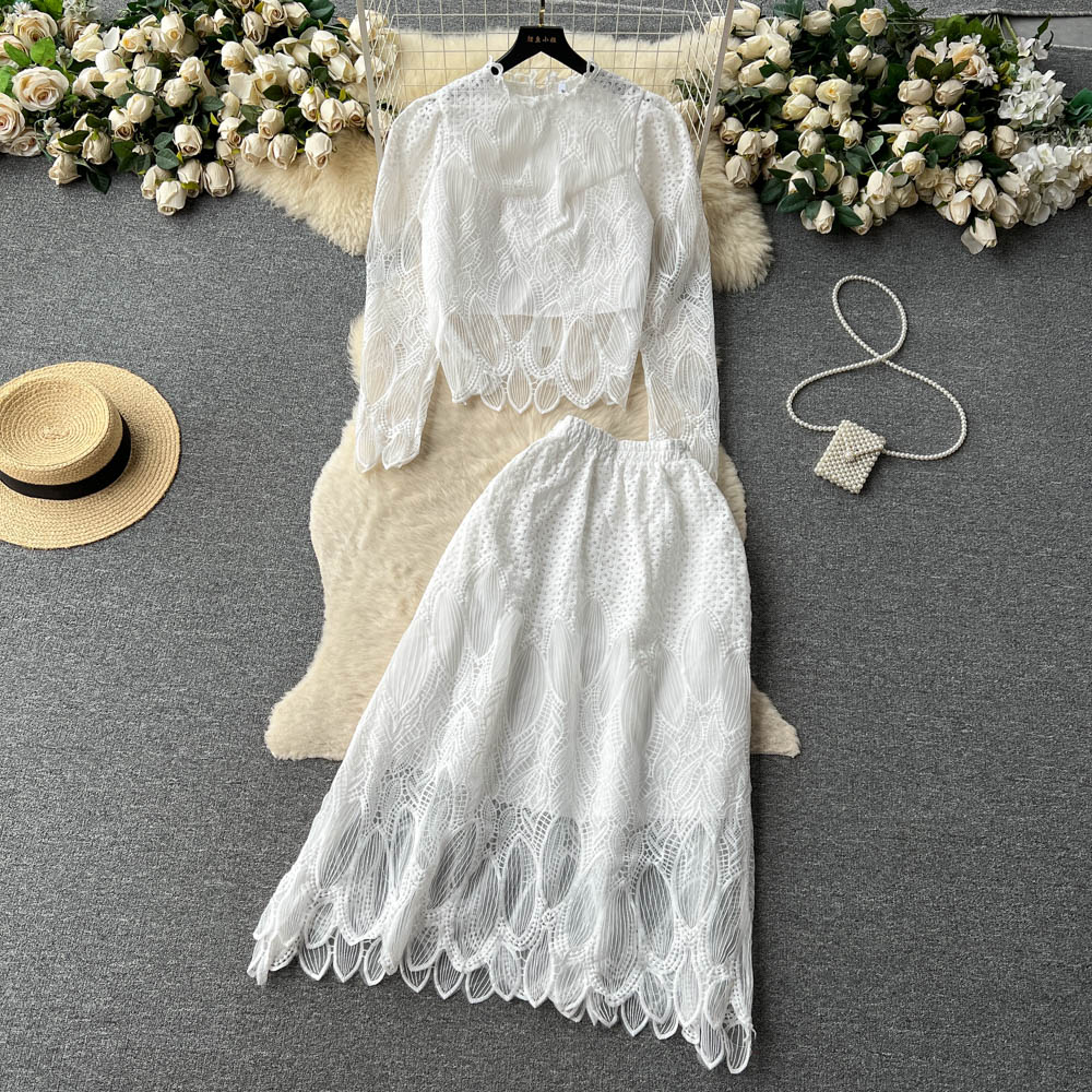 Two Piece Dress New Suits Women Round Neck Lace Stitching Wood Ear Long Sleeve Short Tops + Elastic Waist Hollow Thin Skirt Two-piece Sets 2024