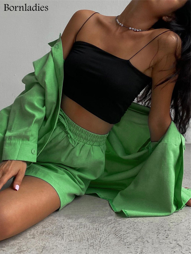Women's Two Piece Pants Bornladies Stylish Cotton Casual Women Two Piece Short Sets Summer High Waist Green Shirt Suit Set Fashion 2 Pieces Sets 
