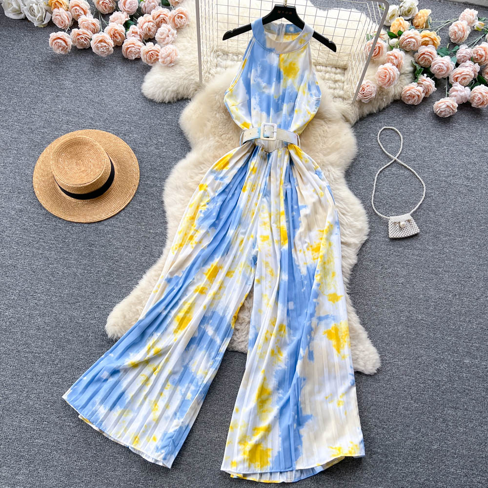 Summer Vintage Women's Two Piece Pants Jumpsuits Elegant Notched Collar Short Sleeve Wide Leg Romper Female Beige/Green/Red Jumpsuits With Sashes