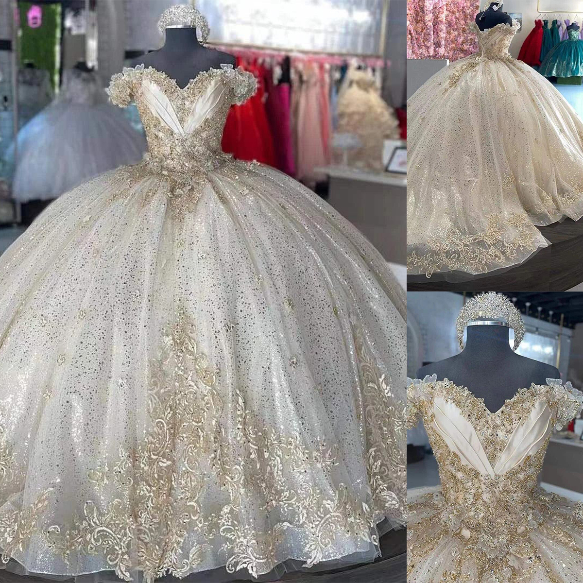 Sparkling Ball Gown Wedding Dresses 2023 Off Shoulder Short Sleeve Vestido De Novia Lace Beaded Chapel Train Glamorous Bride Dress