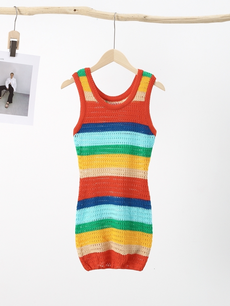 Urban Sexy Dresses Knitted Rainbow Patchwork Women Mini Dress Casual O-Neck Sleeveless With Holes Skinny Dresses Female Trend Bodycon Streetwear 23070