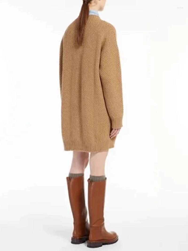 Casual Dresses Women V-neck Sweater Dress Straight Vintage Solid Color Long Sleeve Ladies Wool Loose Knit Mini Robe For Early Autumn