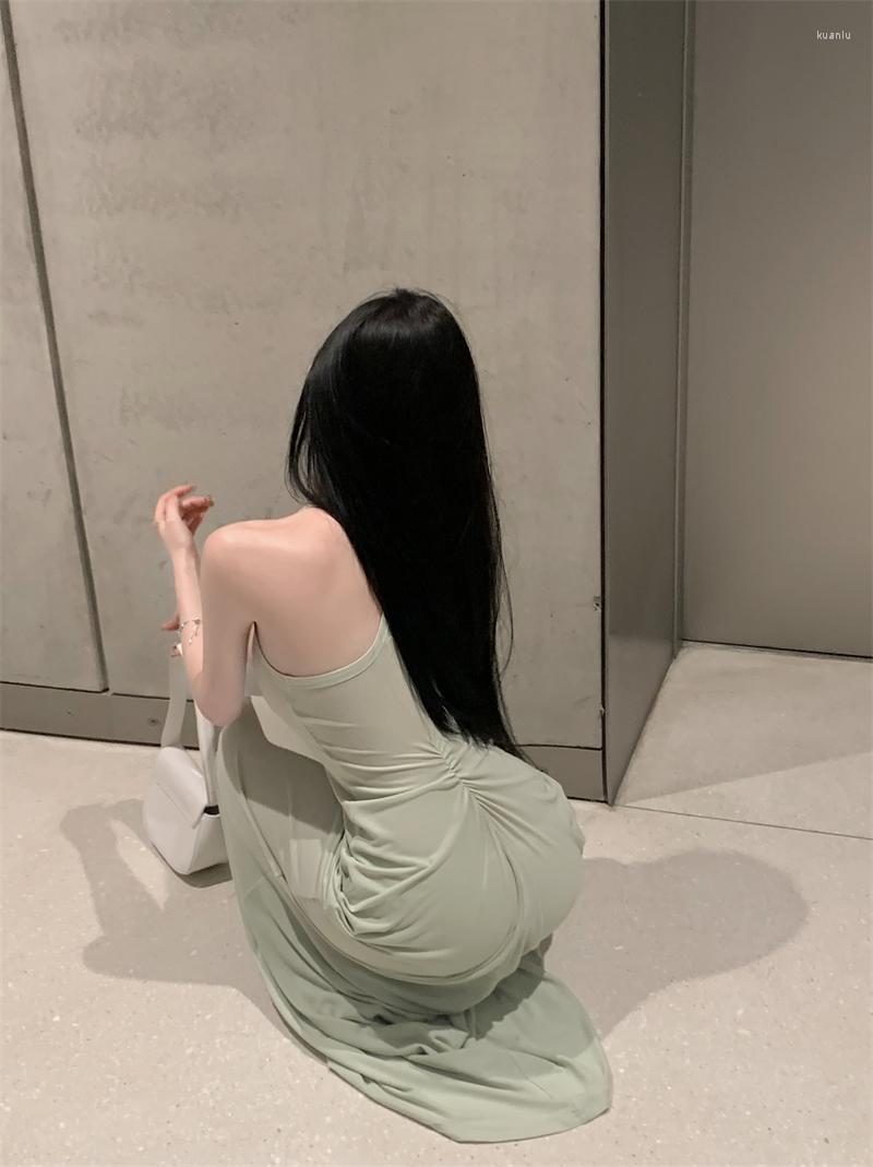 Casual Dresses Girl Green Dress Womens Sleeveless Halter Neck-mounted Sweet Slim Fit Long Draped Fashion Elegant Female Clothes