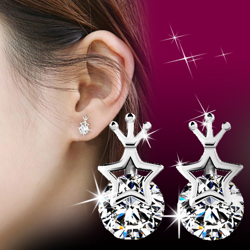 Women's Sterling Silver Stud Earrings with Crystals - Pentagram Design for a Luxurious Look