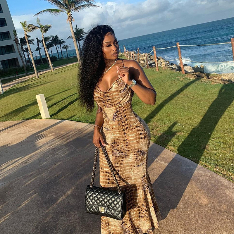 Urban Sexy Dresses Print Sexy Long Fishtail Dress For Women Robe Spaghetti Strap Sleeveless Backless Ruched Maxi Dress 416 230707