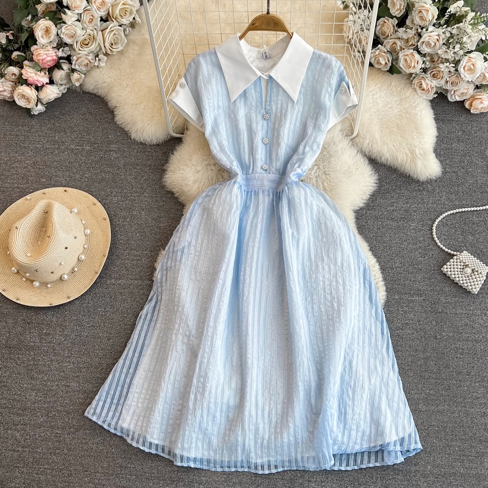 2024 Summer Gentle and Ladies Style Short Sleeve Polo Neck Slim Mid length A-line Large Swing Dress