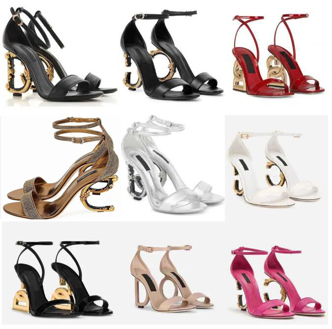 Elegant Luxurys Brands Keira Red-Bottoms Sandals Shoes Polished Calfskin Baroquel Heels Pop Heel Gold Carbon Lady Summer Fashion Dress Party Gladiator Sandalias