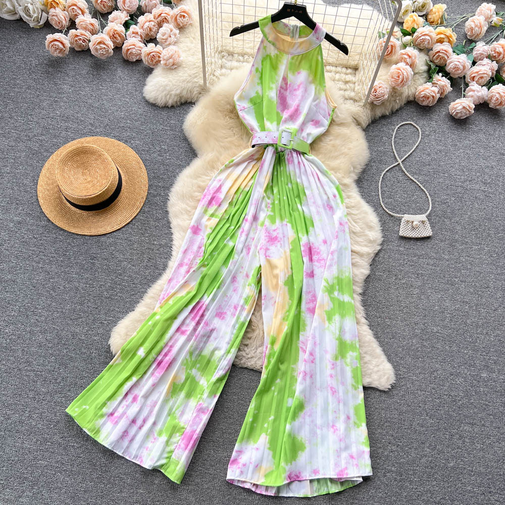 Summer Vintage Women's Two Piece Pants Jumpsuits Elegant Notched Collar Short Sleeve Wide Leg Romper Female Beige/Green/Red Jumpsuits With Sashes