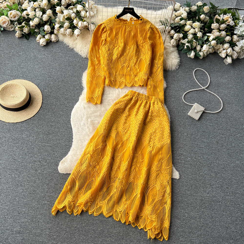 Two Piece Dress New Suits Women Round Neck Lace Stitching Wood Ear Long Sleeve Short Tops + Elastic Waist Hollow Thin Skirt Two-piece Sets 2024