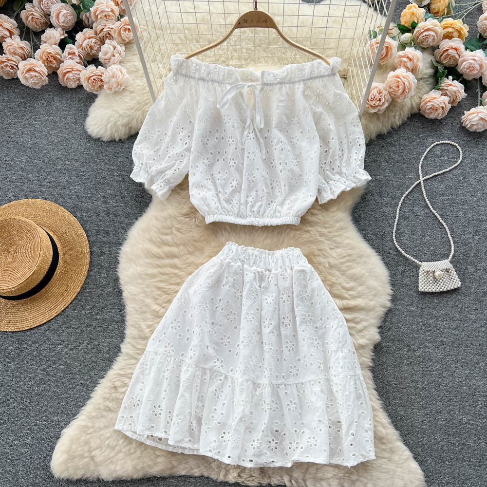 Two Piece Dress Women New Fashion Summer Slash Collar Hollow Short Sleeve Shirt Tops + High Waist Skirt Hot Girl Solid Color Two Piece Sets 2024