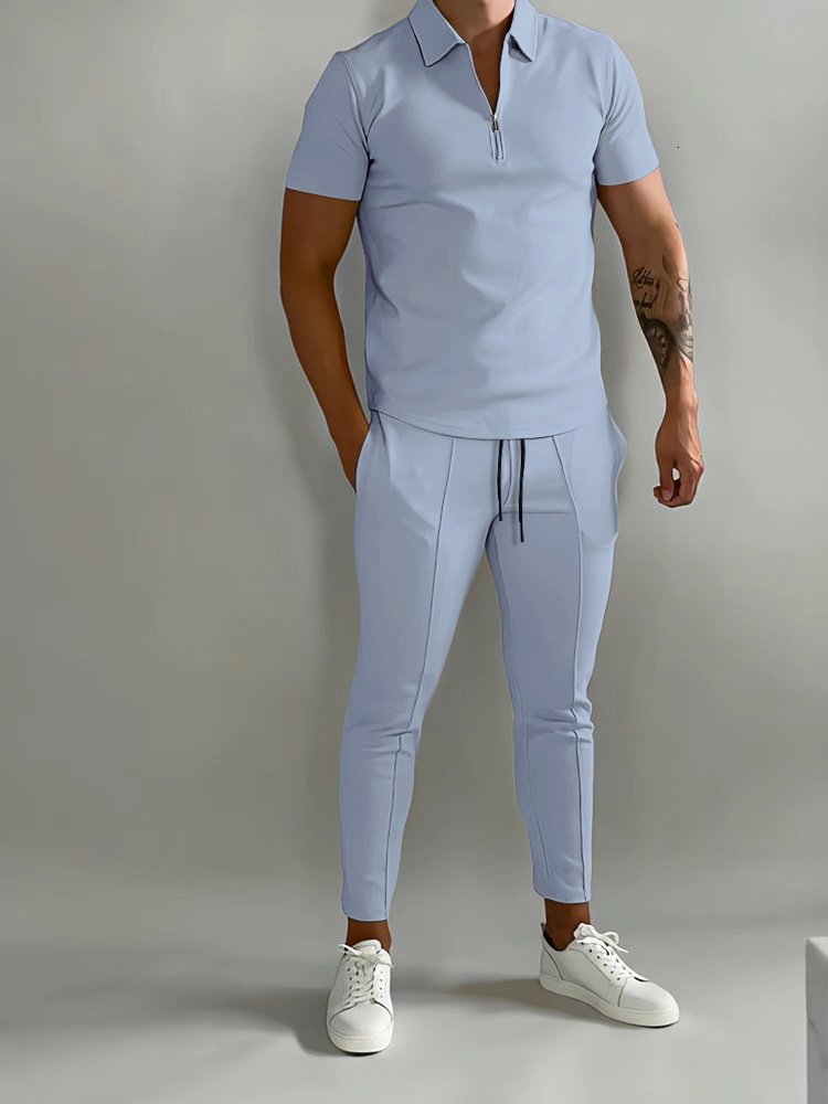 Mens Tracksuits Solid Color Suit Summer Casual Short Sleeve Polo Shirt Calf pants for Men Streetwear Male tracksuit 2piece set 230707