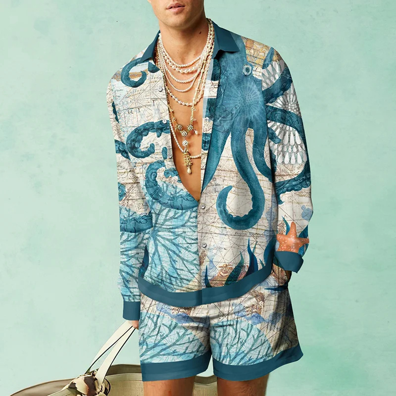 Mens Tracksuits Turtle Printed MenS Shirt TwoPiece Set Hawaii Quick Drying Long Sleeved Shirts Beach Casual Outdoor Fashion Tops 230707