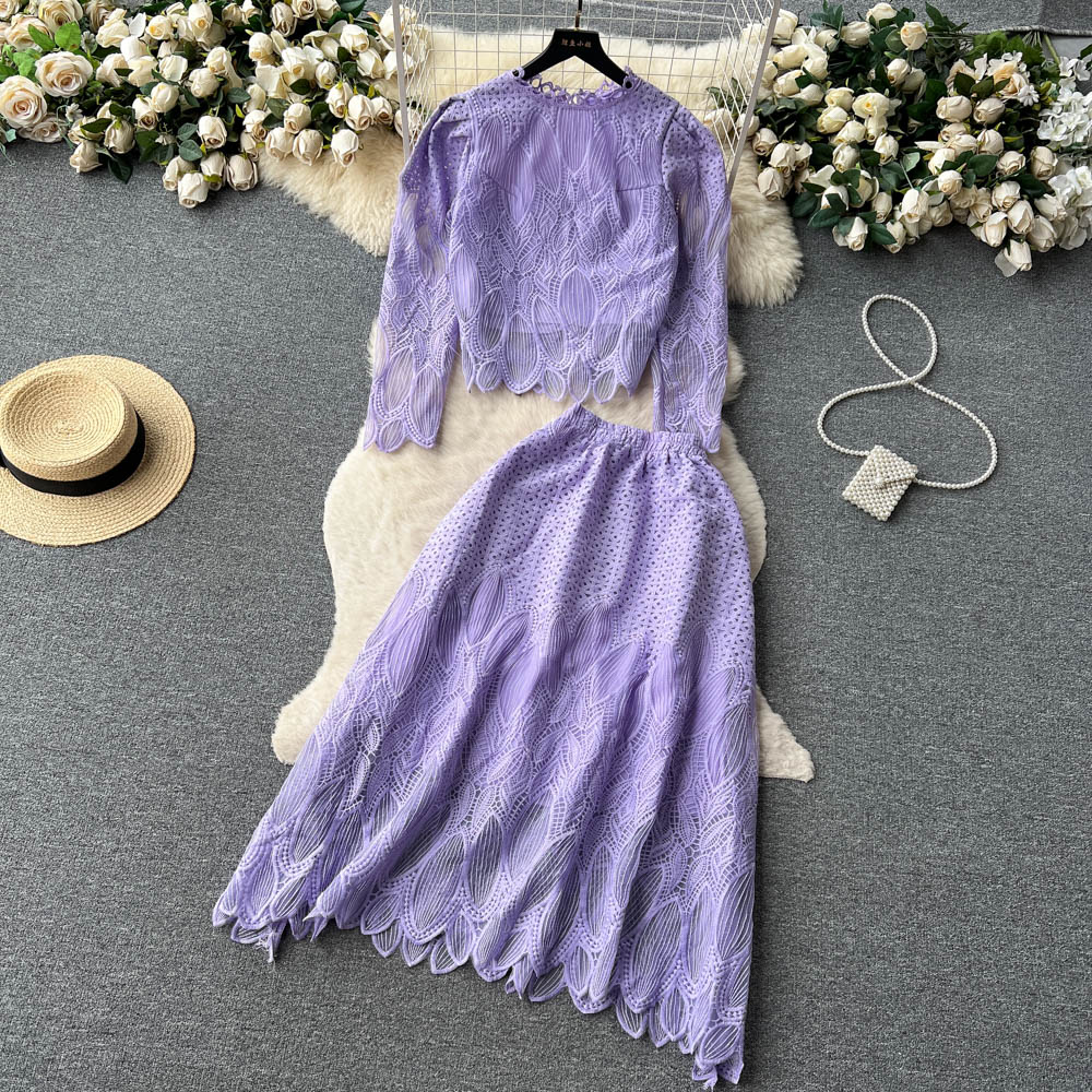 Two Piece Dress New Suits Women Round Neck Lace Stitching Wood Ear Long Sleeve Short Tops + Elastic Waist Hollow Thin Skirt Two-piece Sets 2024
