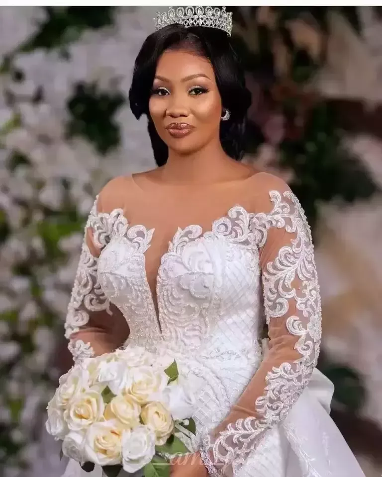 Gorgeous African White Lace Mermaid Dress Long Sleeves Scoop Neck Bridal Gowns Detachable Train Church Bride Wedding Dresses Plus Size Robe De Lz0304