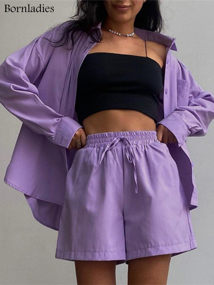 Women's Two Piece Pants Bornladies Stylish Cotton Casual Women Two Piece Short Sets Summer High Waist Green Shirt Suit Set Fashion 2 Pieces Sets 