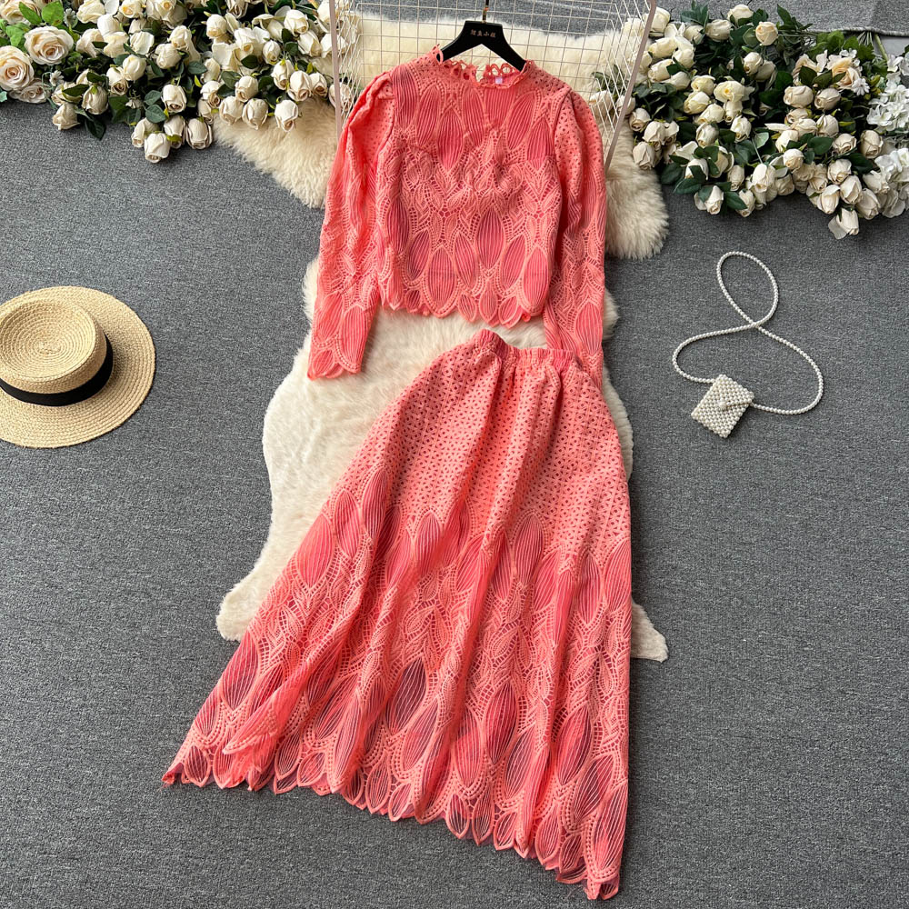 Two Piece Dress New Suits Women Round Neck Lace Stitching Wood Ear Long Sleeve Short Tops + Elastic Waist Hollow Thin Skirt Two-piece Sets 2024