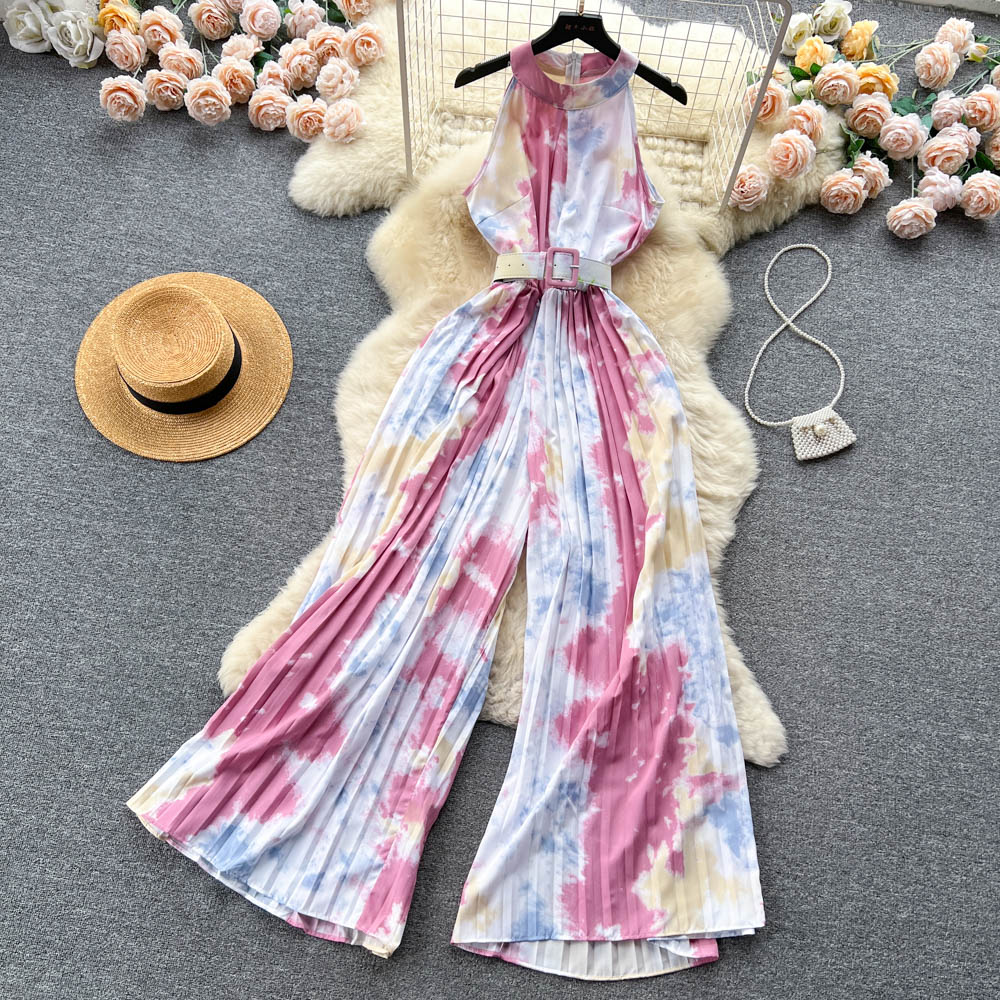 Summer Vintage Women's Two Piece Pants Jumpsuits Elegant Notched Collar Short Sleeve Wide Leg Romper Female Beige/Green/Red Jumpsuits With Sashes