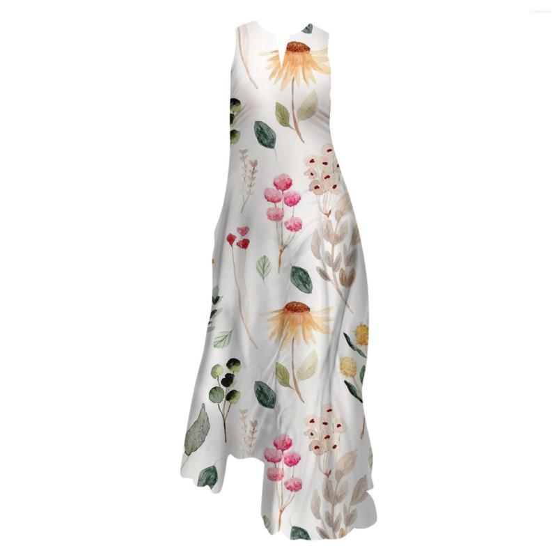 Casual Dresses Women Summer Sleeveless Print V Neck Maxi Loose Dress Boho Beach Long Sundress With Pockets High Midi