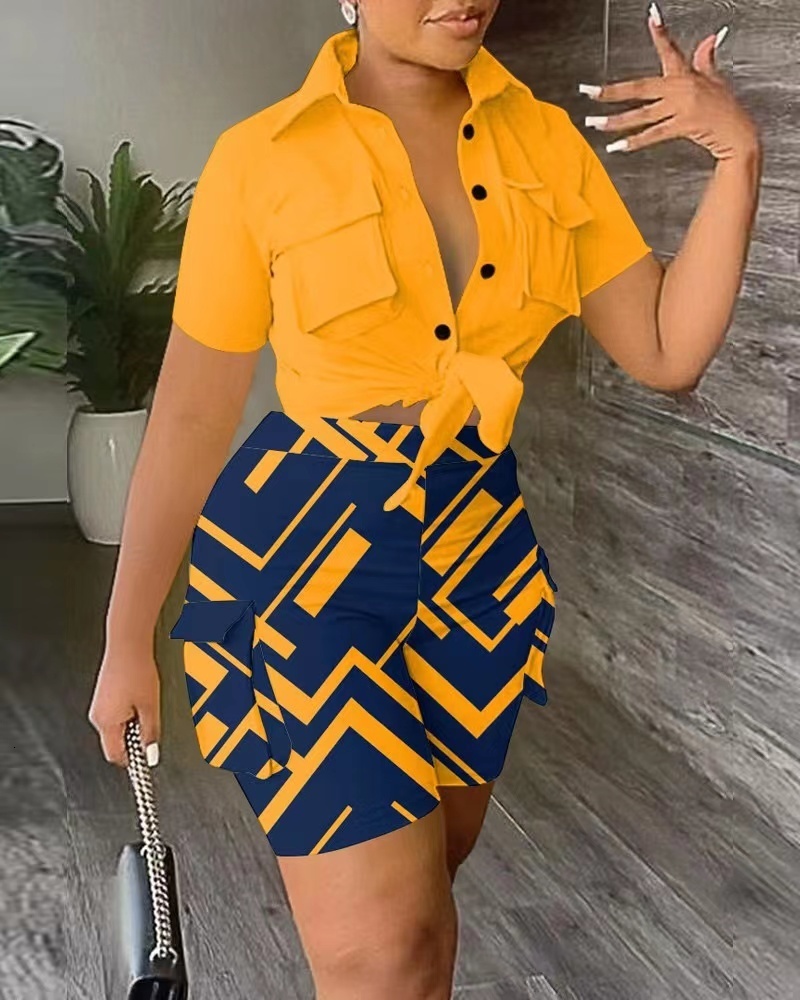 Women's Two Piece Pants Summer Fashion Street Two Piece Suit Women Work Clothes Style Button Lace-up Shirt Shorts Two Piece Suit Women 230707