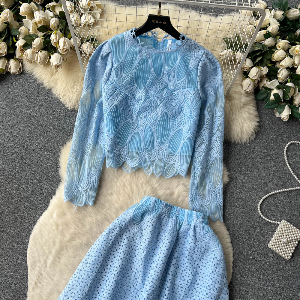 Two Piece Dress New Suits Women Round Neck Lace Stitching Wood Ear Long Sleeve Short Tops + Elastic Waist Hollow Thin Skirt Two-piece Sets 2024