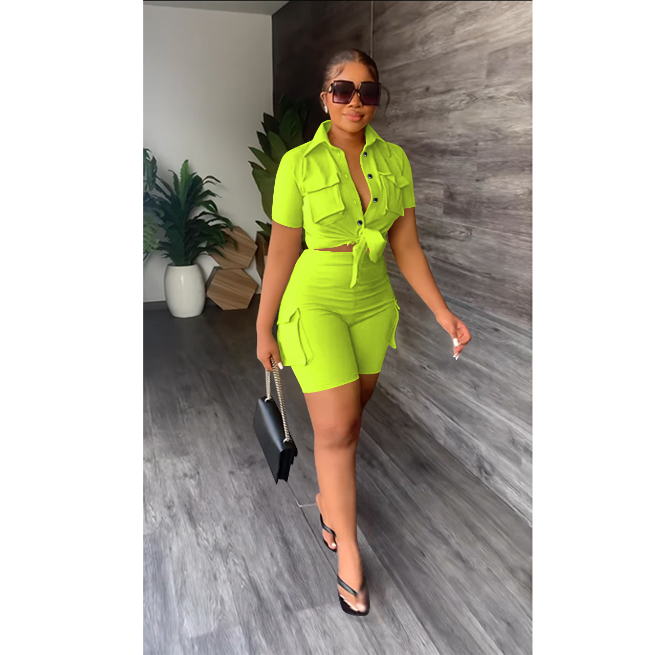 Women's Two Piece Pants Summer Fashion Street Two Piece Suit Women Work Clothes Style Button Lace-up Shirt Shorts Two Piece Suit Women 230707