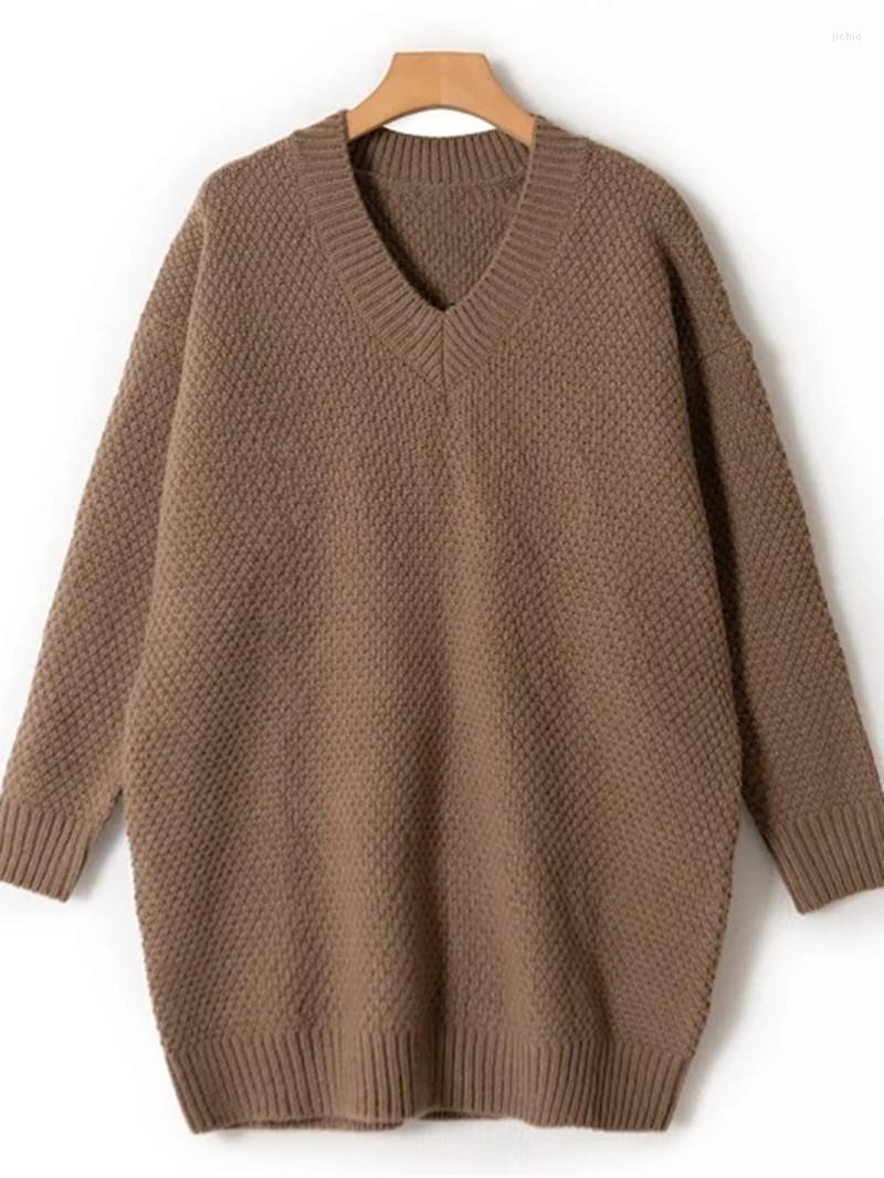 Casual Dresses Women V-neck Sweater Dress Straight Vintage Solid Color Long Sleeve Ladies Wool Loose Knit Mini Robe For Early Autumn