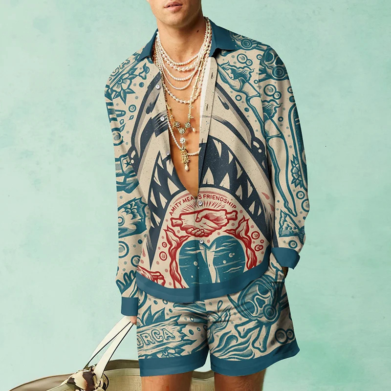Mens Tracksuits Turtle Printed MenS Shirt TwoPiece Set Hawaii Quick Drying Long Sleeved Shirts Beach Casual Outdoor Fashion Tops 230707