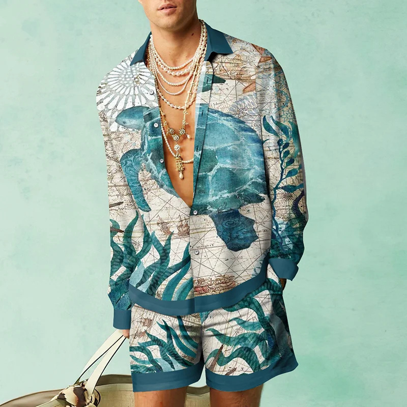 Mens Tracksuits Turtle Printed MenS Shirt TwoPiece Set Hawaii Quick Drying Long Sleeved Shirts Beach Casual Outdoor Fashion Tops 230707