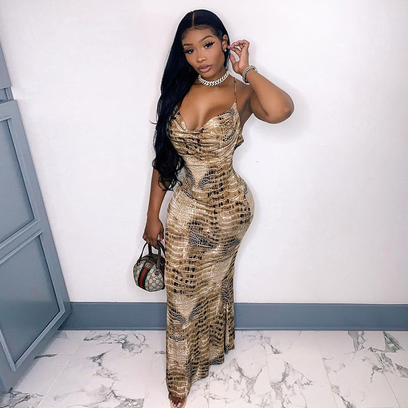 Urban Sexy Dresses Print Sexy Long Fishtail Dress For Women Robe Spaghetti Strap Sleeveless Backless Ruched Maxi Dress 416 230707