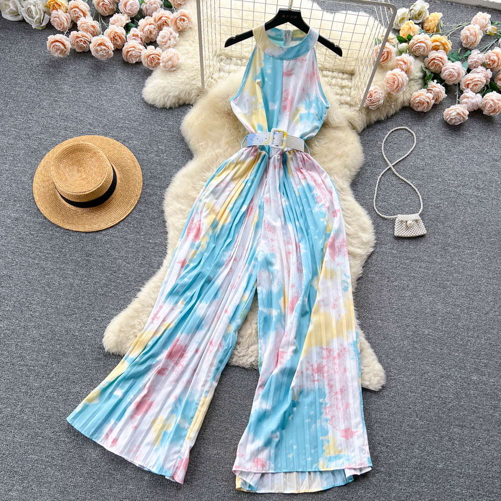 Summer Vintage Women's Two Piece Pants Jumpsuits Elegant Notched Collar Short Sleeve Wide Leg Romper Female Beige/Green/Red Jumpsuits With Sashes