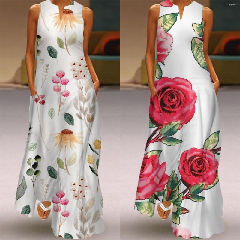 Casual Dresses Women Summer Sleeveless Print V Neck Maxi Loose Dress Boho Beach Long Sundress With Pockets High Midi