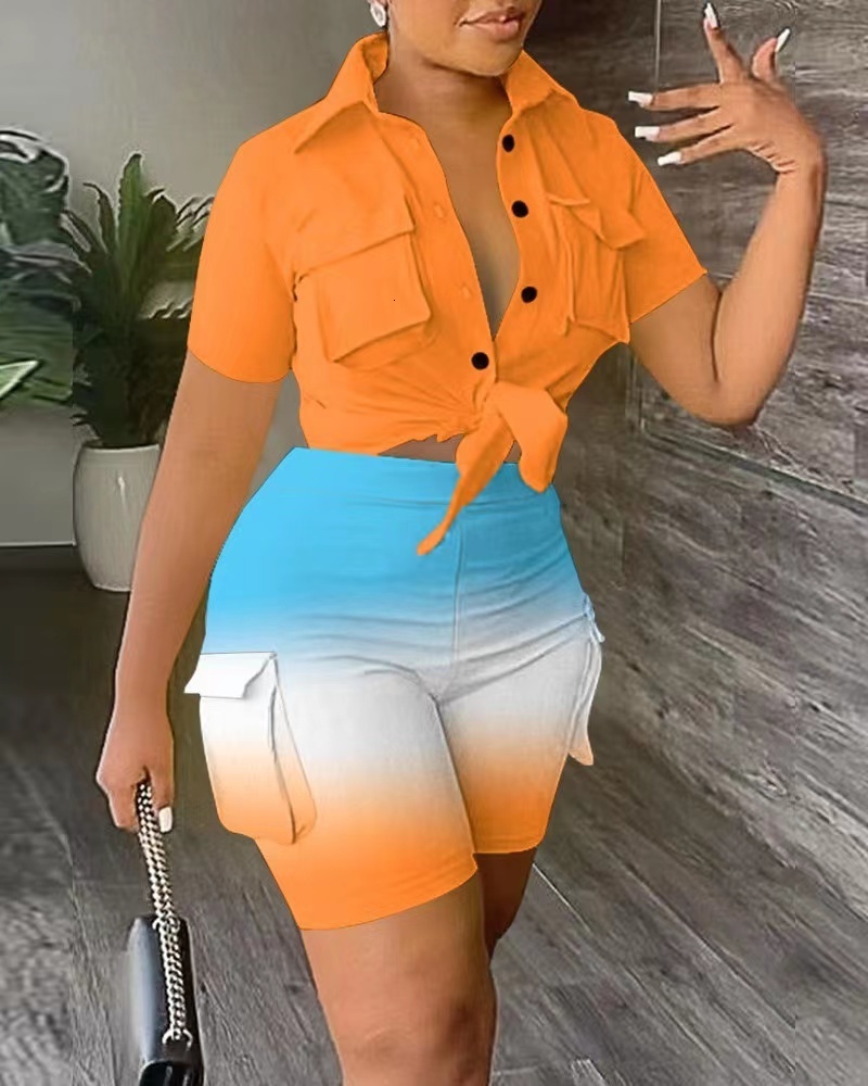 Women's Two Piece Pants Summer Fashion Street Two Piece Suit Women Work Clothes Style Button Lace-up Shirt Shorts Two Piece Suit Women 230707