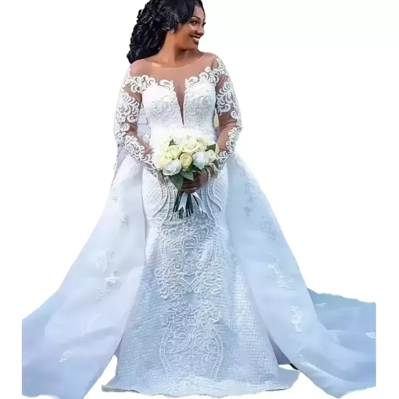 Gorgeous African White Lace Mermaid Dress Long Sleeves Scoop Neck Bridal Gowns Detachable Train Church Bride Wedding Dresses Plus Size Robe De Lz0304