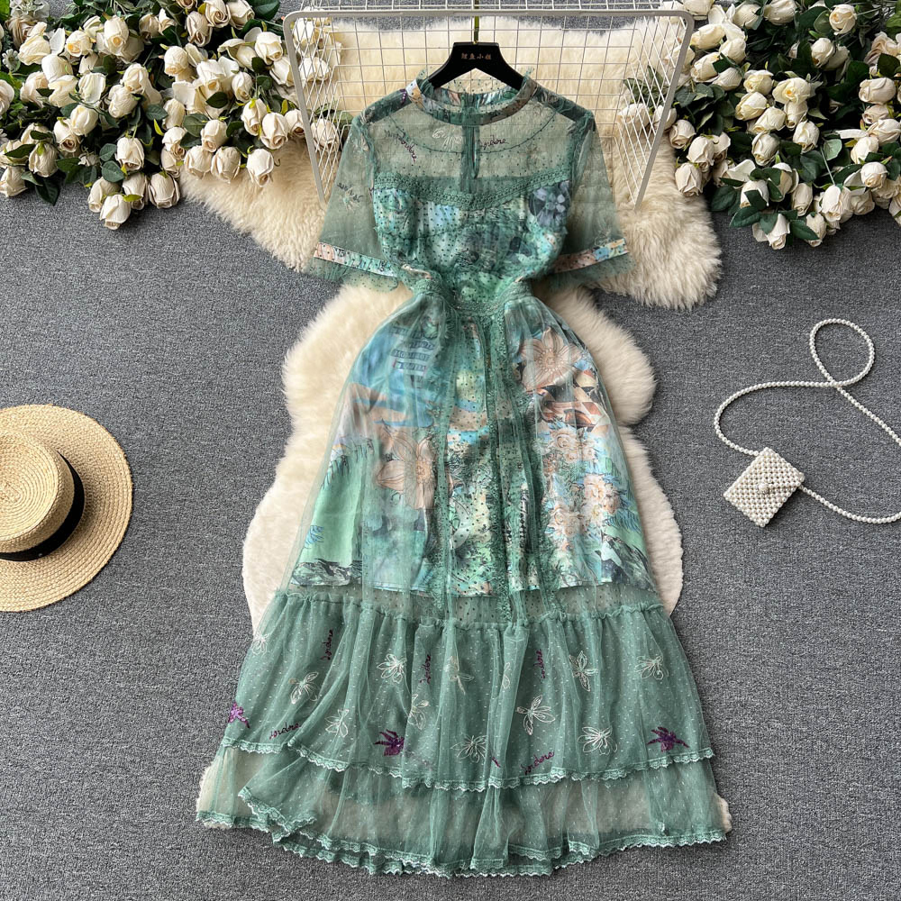 Basic Casual Dresses Summer French Court A-line Dress New Women Round Neck Sweet Mesh Embroidered Short Sleeve Party Clothes Vestidos De Fiesta