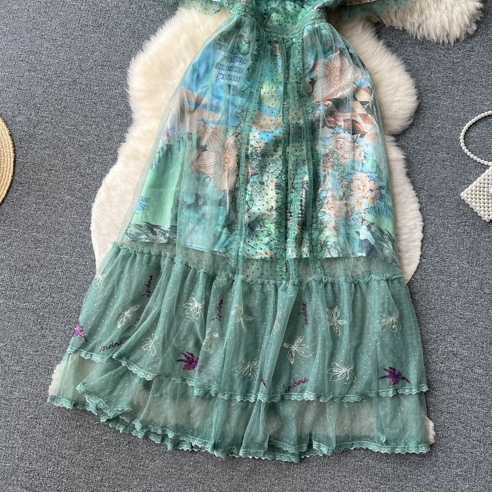 Basic Casual Dresses Summer French Court A-line Dress New Women Round Neck Sweet Mesh Embroidered Short Sleeve Party Clothes Vestidos De Fiesta