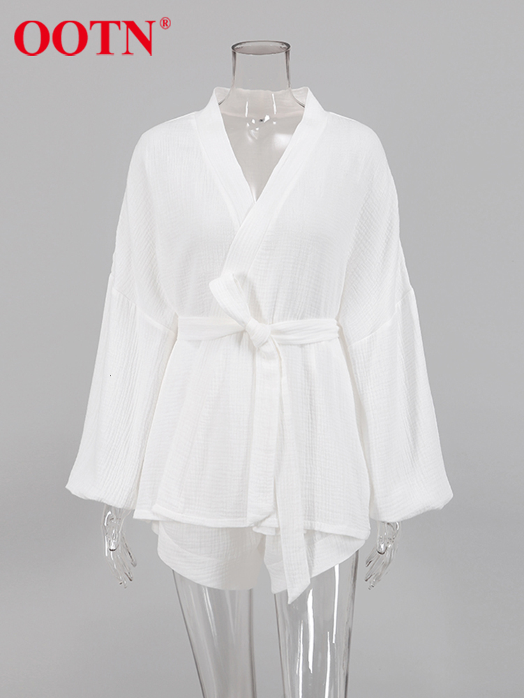 Women's Two Piece Pants OOTN Office Lady 2 Pieces Outfit 100% Cotton Wrap V-Neck Lantern Sleeve Top Sashes Summer Women Suits Elastic Waist Short