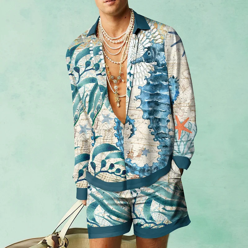 Mens Tracksuits Turtle Printed MenS Shirt TwoPiece Set Hawaii Quick Drying Long Sleeved Shirts Beach Casual Outdoor Fashion Tops 230707