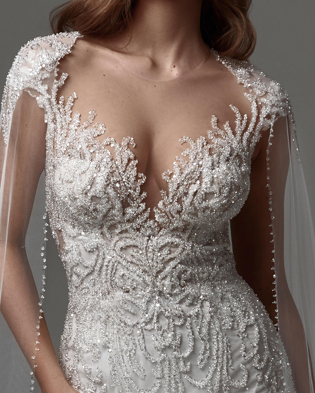 Sexy Mermaid Sparkling Wedding Dresses V Neck Short Sleeve Bride Gowns With Wraps Zipper Back Robe De