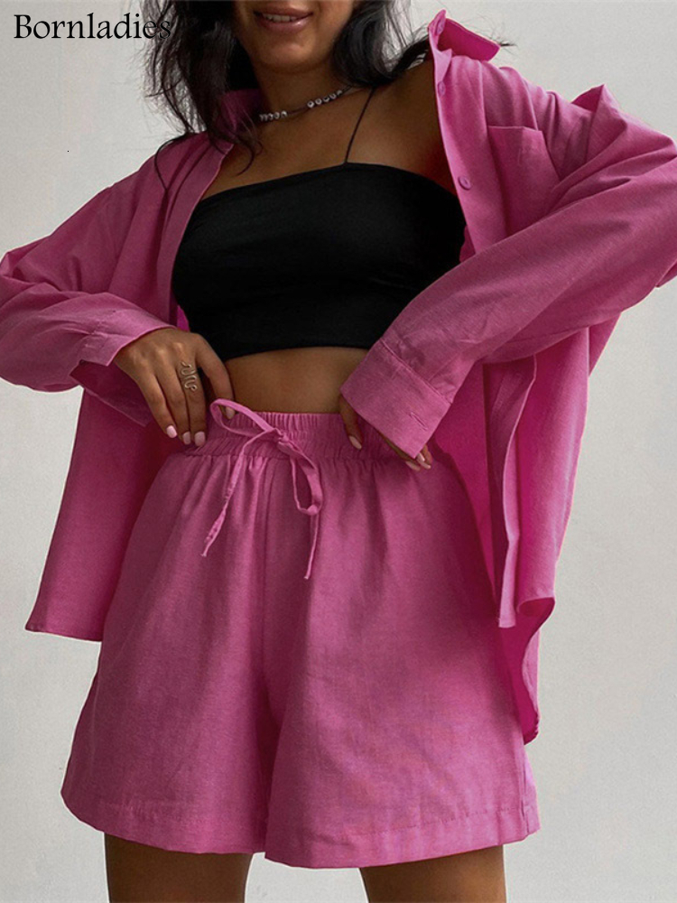 Women's Two Piece Pants Bornladies Stylish Cotton Casual Women Two Piece Short Sets Summer High Waist Green Shirt Suit Set Fashion 2 Pieces Sets 
