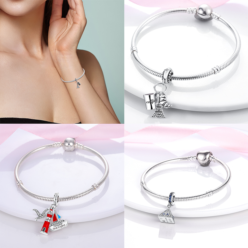 925 Sterling Silver Castle ToFlower Sea ToFlower Bead Building Charm Plata De Ley For S925 Snake Pendant Bracelet Women Gift Jewelry