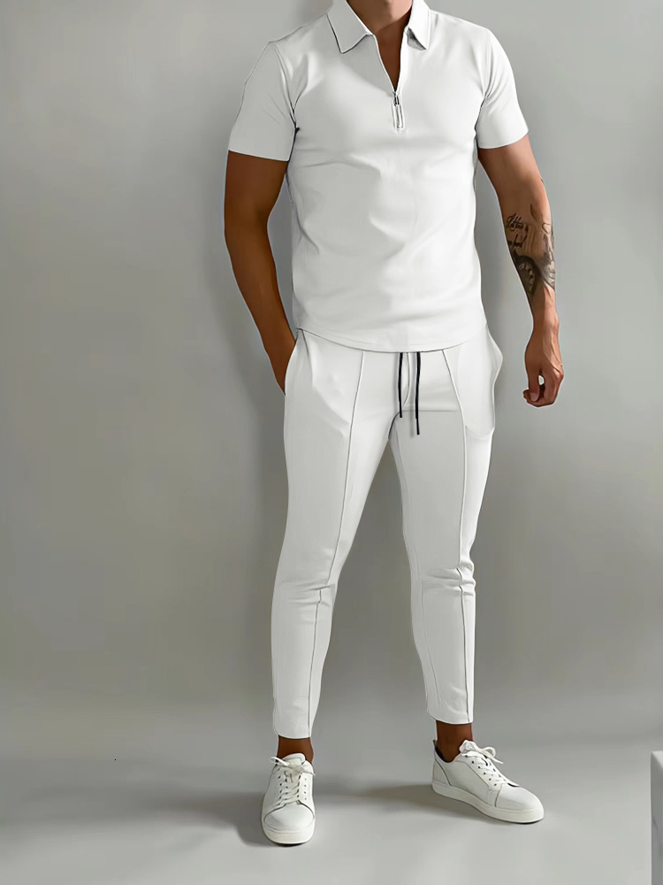 Mens Tracksuits Solid Color Suit Summer Casual Short Sleeve Polo Shirt Calf pants for Men Streetwear Male tracksuit 2piece set 230707