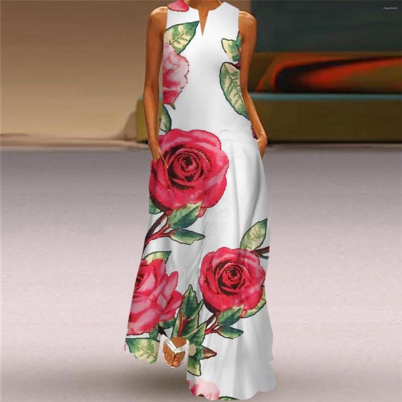 Casual Dresses Women Summer Sleeveless Print V Neck Maxi Loose Dress Boho Beach Long Sundress With Pockets High Midi